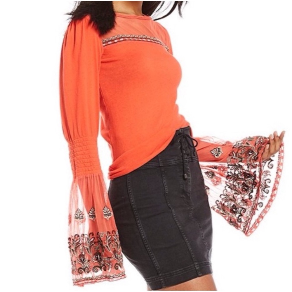 FREE PEOPLE Embroidered Mesh Bell Sleeve High Tides Top M